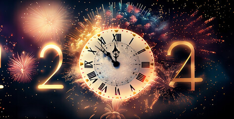 A clock striking midnight with fireworks lighting up the night sky 2024 , new year clock