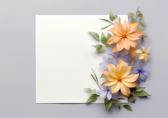 Composition with flowers and blank paper on a beige background. Greetind card mockup. AI Generative.