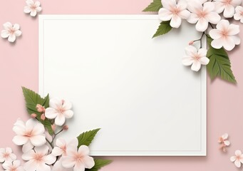 Obraz na płótnie Canvas Composition with flowers and blank paper on a beige background. Greetind card mockup. AI Generative.