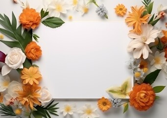 Composition with flowers and blank paper on a beige background. Greetind card mockup. AI Generative.