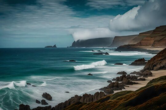 Seagulls are circling above a windswept beach with sweeping waves breaking against rocky rocks.