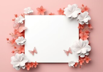 Composition with flowers and blank paper on a beige background. Greetind card mockup. AI Generative.