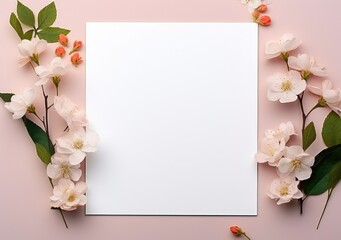 Composition with flowers and blank paper on a beige background. Greetind card mockup. AI Generative.