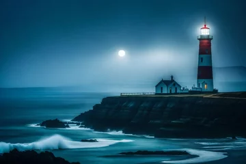 Rolgordijnen A single lighthouse stands tall on a rocky shore, its beacon piercing the cloudy night.  © MB Khan