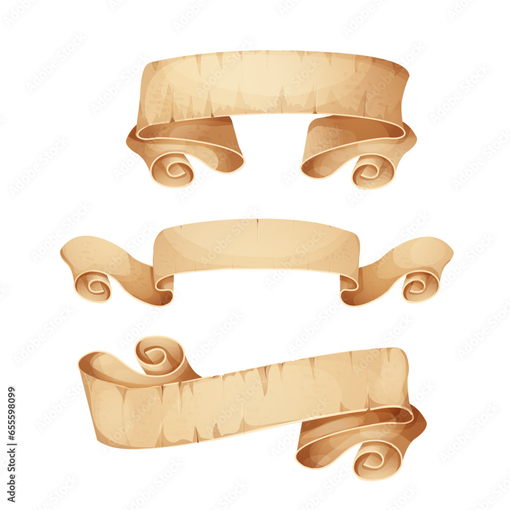 Wall mural set parchment paper scroll ribbon, old vintage banner game ui element in cartoon style isolated on w