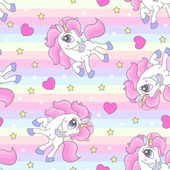 Seamless pattern with white unicorns on a rainbow background. For fabric design, wallpaper, backgrounds, wrapping paper, scrapbooking, etc.. Vector