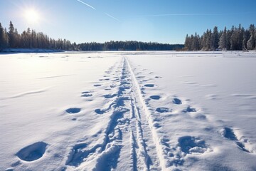 tracks in snow leading to a frozen lake