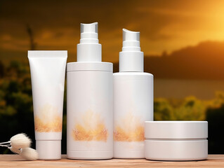 Obraz na płótnie Canvas a set of Aroma spa product containers mockup on a natural background with green leaves and sunlight. AI Generative.