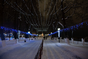 Winter park at night with decorations, lights. Russia