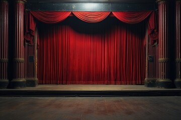 closed red curtains towards an empty auditorium