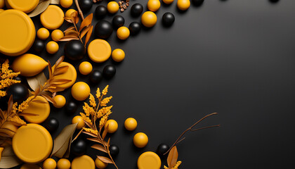 Contemporary still life in black and yellow colors. Flatlay. Interior wallpaper and empty space for text or design
