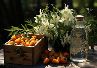 Young farmer with freshly picked Peppers in basket. Hand holding wooden box with vegetables in field. Fresh Organic Vegetable. AI Generative.