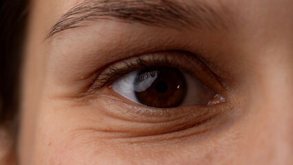 Portrait vision, macro shot of smiling caucasian woman model face part. Closeup of open eye with brown iris and skin texture.