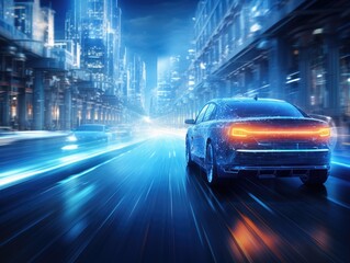 car or vehicle open headlamp parked in futuristic modern concept. Future transportation. Futuristic autonomous car. Driverless autonomous vehicle. Self-driving car technology. AI Generative.