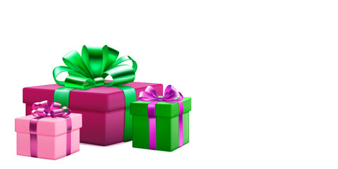 Festive illustration with three colored gift boxes with ribbons and bows on white background