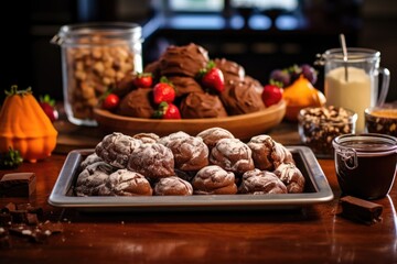 an array of freshly baked desserts next to a baking blog on a tablet
