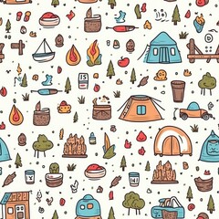 Cute hand drawn seamless pattern with camping doodles, tents, landscape and trails, great for textiles, banners, wallpapers. AI Generative.