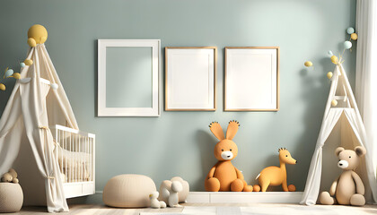 Cute children's room interior background, empty poster frame and other furniture.