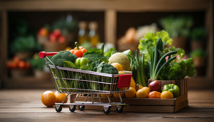 Variety of fresh vegetables in a shopping cart. Grocery delivery concept