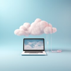 cloud computing technology concept background with computer laptop and white cloud on minimal background. AI Generative.