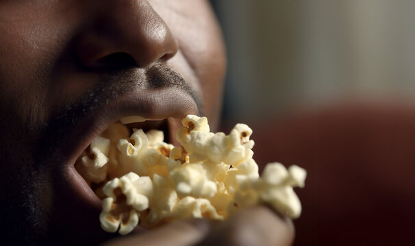 Close up mouth eating delicious popcorn. Young person eating popcorn. tasty snack. Fast food,unhealthy snack concept copy space