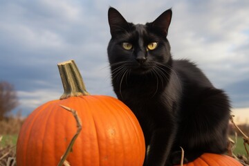 a black cat atop an orange pumpkin in an open field