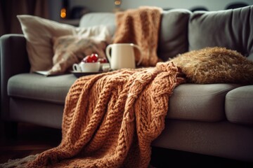 soft textured knitted blanket with cozy slippers on a couch - obrazy, fototapety, plakaty