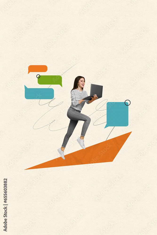 Aufkleber vertical composite photo collage of excited woman run hold laptop in hands chatting with clients iso