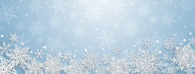 Naklejka na ściany i meble Christmas illustration with beautiful complex paper snowflakes, white on light blue background