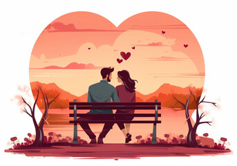 Couple sitting on bench. Bonding in Happiness. Happy valentines day Vector illustration with beautiful landscape,