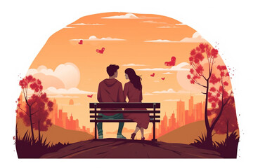 Couple sitting on bench. Bonding in Happiness. Happy valentines day Vector illustration with beautiful landscape,