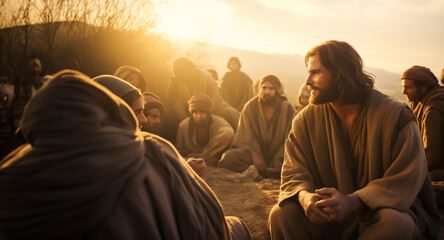 Jesus talks to his disciples about God and religion - theme biblical images, Jesus Christ and faith. - obrazy, fototapety, plakaty