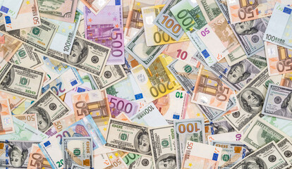 pile of dollar and euro banknote as background