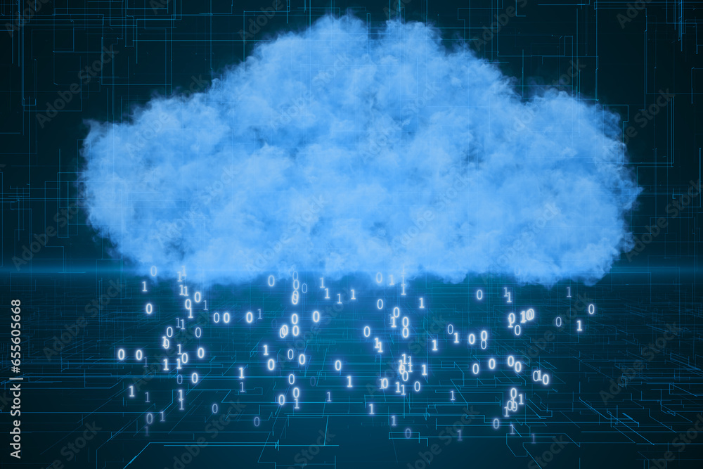 Poster Creative cloud hologram with binary code rain on blurry blue wallpaper. Cloud computing and technology concept. 3D Rendering.