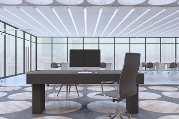 Bright wooden and concrete office interior with window and city view, glass partition, creative flooring and furniture. 3D Rendering.