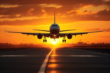 Fototapeta na wymiar jet plane landing just as sun rises, perfect timing