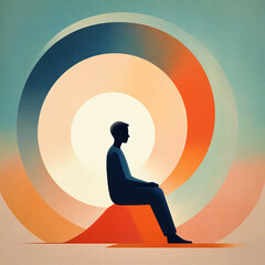 Grainy digital illustration made with abstract geometric colorful vector shapes of a person sitting in deep concentration, experiencing inspiration through mindfulness, minimalist and tranquil setting