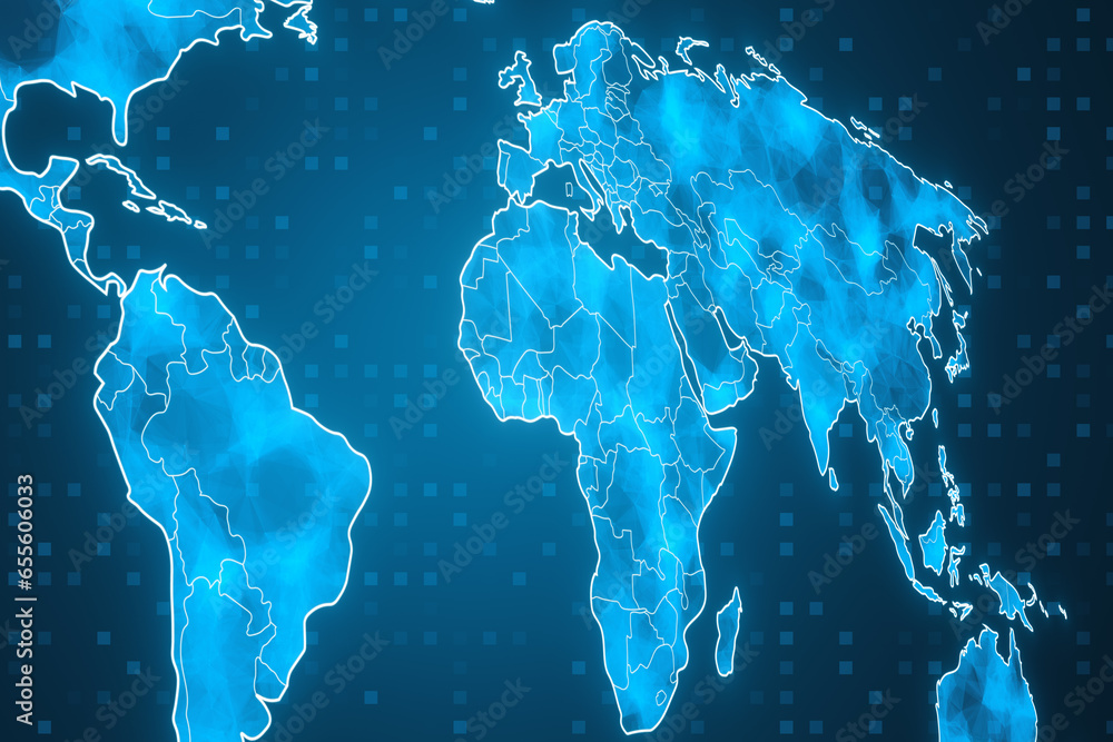 Aufkleber creative glowing polygonal map hologram on blurry blue backdrop. global community and network concep