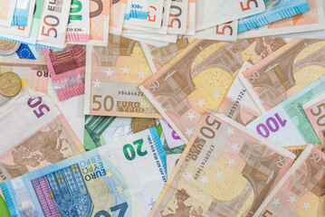 50 100, 200 and 500 euros bills currency banknotes as finance background. European paper money backdrop