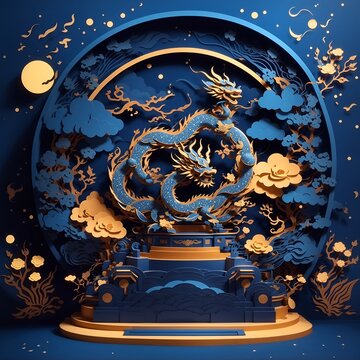 Year of blue dragon 2024 with podium beautiful background.