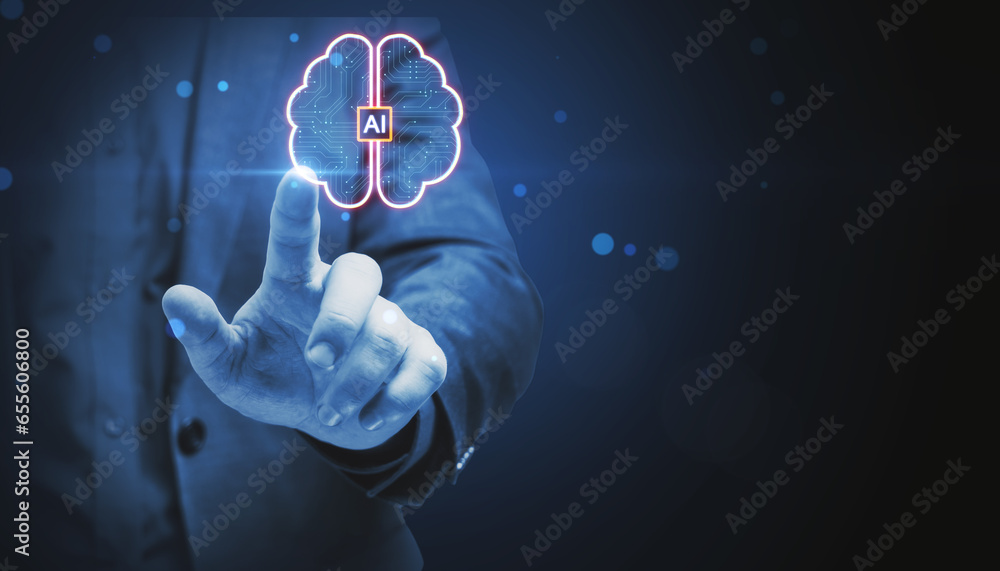 Aufkleber close up of business man hand pointing at creative digital brain hologram with circuit on blurry blu