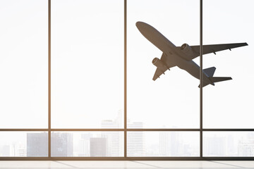 Contemporary airport interior with flying airplane seen through panoramic window with city view and daylight. Take off, travel and transportation concept. 3D Rendering.