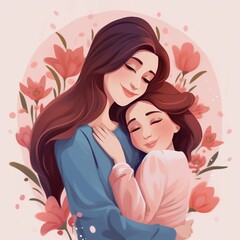 Happy Mother's Day greeting! A mother and daughter share a warm embrace, symbolizing the spirit of family holidays and togetherness. Vector illustration design.