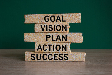 Business concept growth success process. Brick blocks with text goal, vision, plan, action, success...
