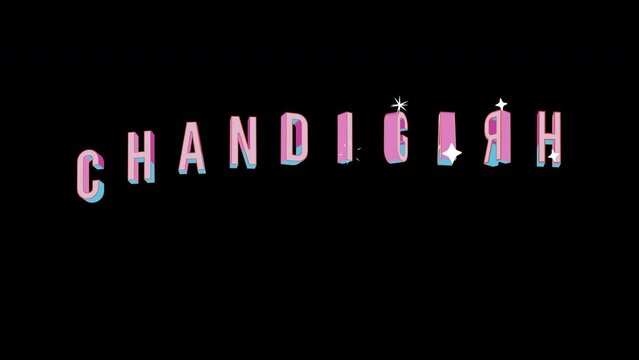 Bright letters jump merrily in the inscription CHANDIGARH city. Retro. Alpha channel black. Looped from frame 120 to 240, Alpha BW at the end