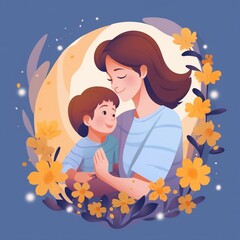 Happy Mother's Day greeting! A mother and daughter share a warm embrace, symbolizing the spirit of family holidays and togetherness. Vector illustration design.