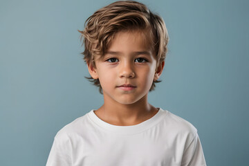 Male child, boy wearing bella canvas white shirt mockup, at blue background. Design tshirt template, print presentation mock-up
