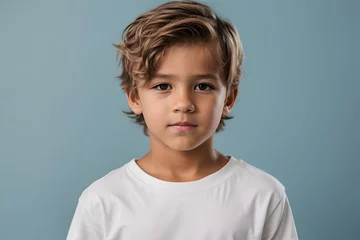 Fotobehang Male child, boy wearing bella canvas white shirt mockup, at blue background. Design tshirt template, print presentation mock-up © Marpa