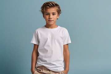 Male child, boy wearing bella canvas white shirt mockup, at blue background. Design tshirt template, print presentation mock-up