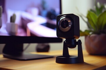 close up of webcam with blurred background featuring a computer